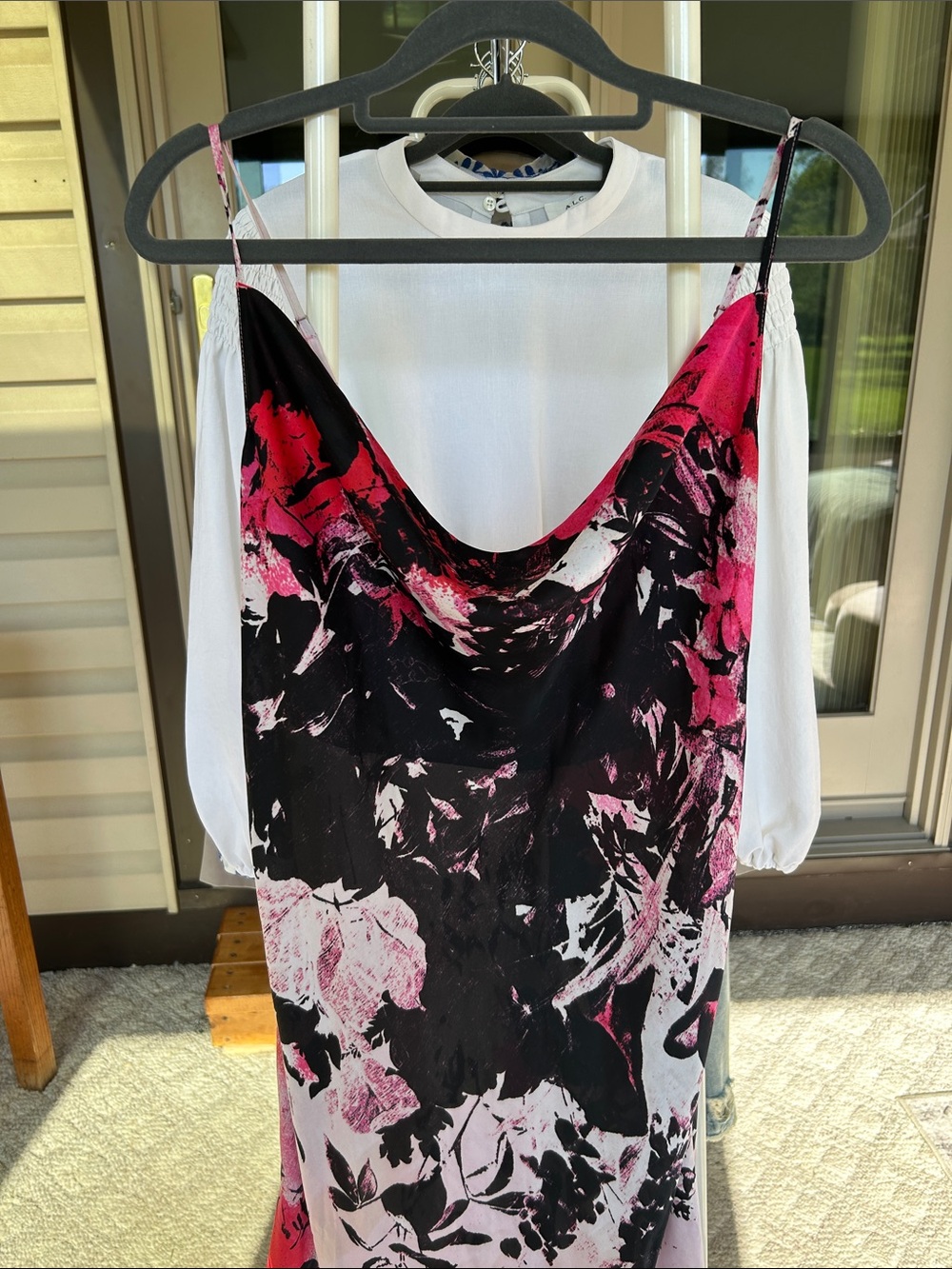 Natori Black and Pink Floral Cowl Slip Dress